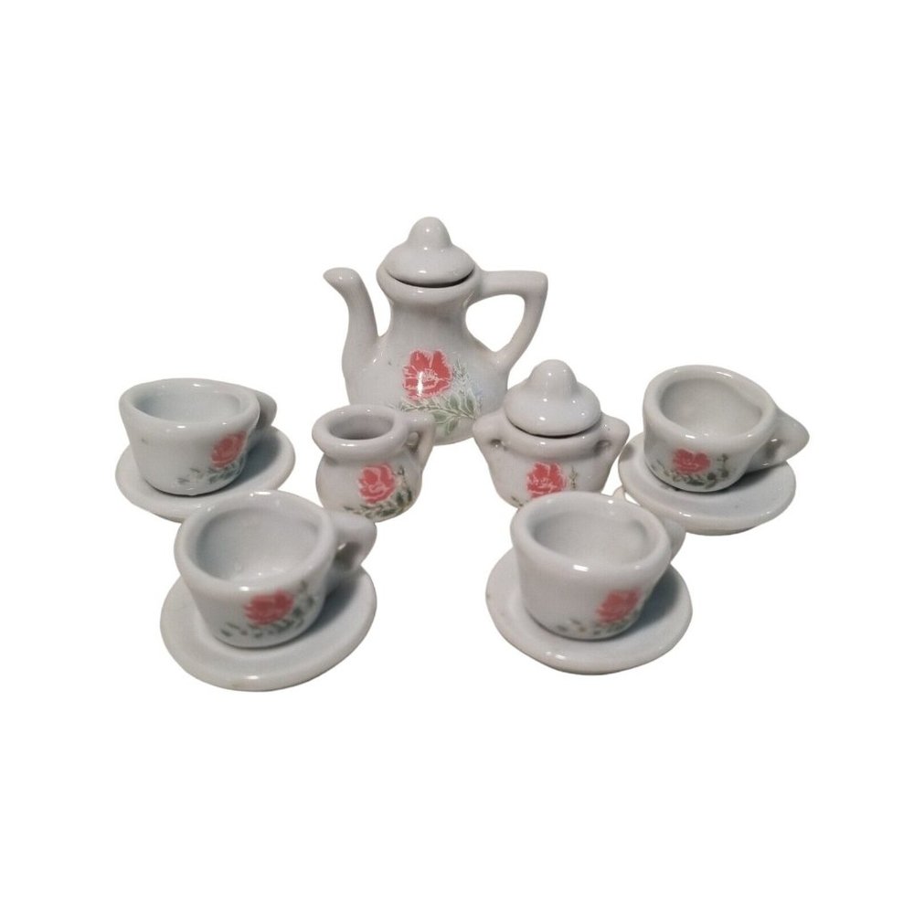 Miniature Tea Set Play Dishes Porcelain Pink Rose Teapot Creamer Sugar Dish Mini - Picture 1 of 11